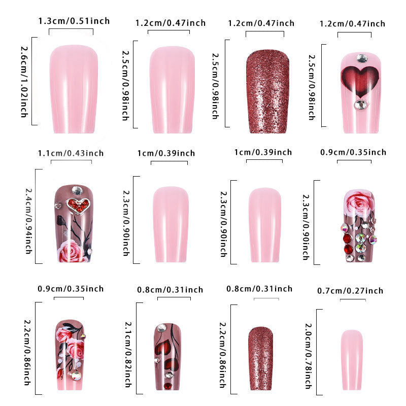Sparkling Love Rose Nail Art, European and American Wearing Nail Art, Fake Nail Art