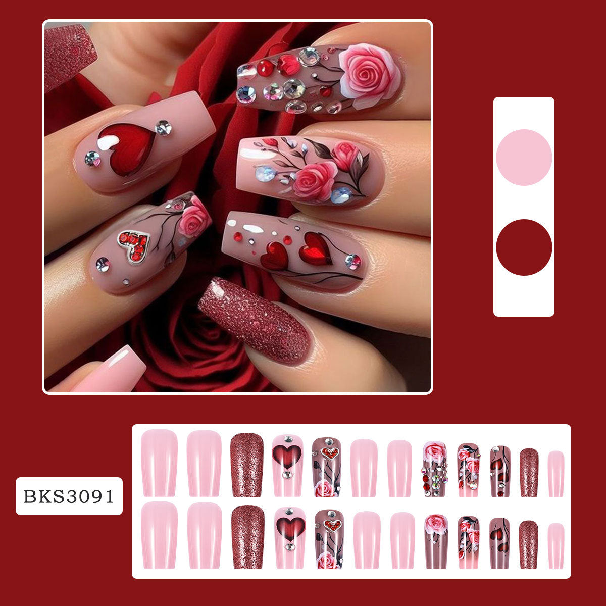 Sparkling Love Rose Nail Art, European and American Wearing Nail Art, Fake Nail Art