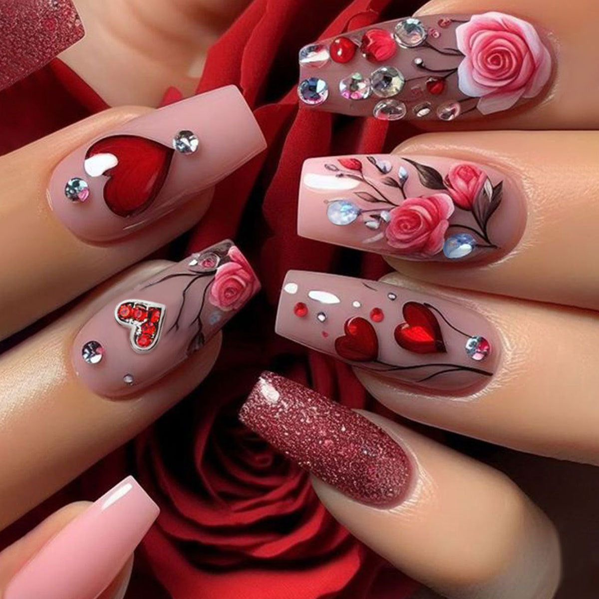 Sparkling Love Rose Nail Art, European and American Wearing Nail Art, Fake Nail Art