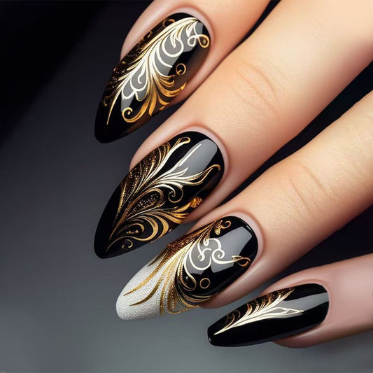 Black flowing gold nail art wearing nail plate mid size