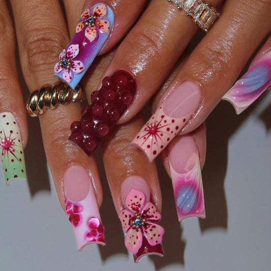 3D relief colored flower American detachable fake nails